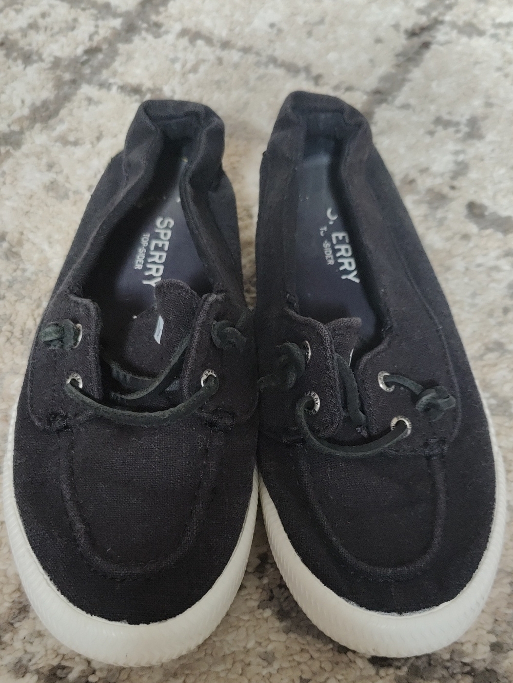 Sperry Women's Black Canvas Slip-On Boat Shoe with White Sole